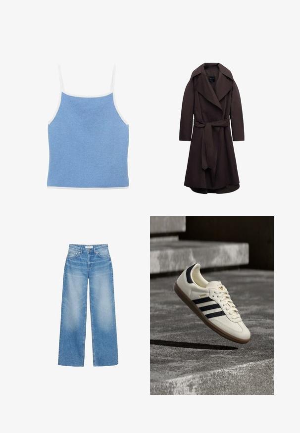 Donkere bruine lange trenchcoat met brede revers en een bijpassende stoffen riem gestrikt in de taille, weergegeven op een witte achtergrond.; Lichtblauwe gebreide tanktop met witte accenten, met dunne schouderbandjes en een aansluitend ontwerp met een gladde, textuur oppervlakte.; Lichtblauwe wijde jeans van denim, met een hoge taille, subtiele vervaging en een klassiek ontwerp met vijf zakken en koperen accenten.; Witte Adidas Samba sneaker met zwarte strepen en gumzool, zwevend boven gestructureerde grijze betonnen treden.