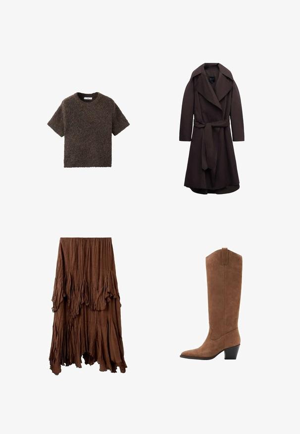 Trench-coat long marron foncé avec de larges revers et une ceinture assortie en tissu nouée à la taille, présenté sur un fond blanc.; T-shirt à manches courtes, col ras du cou, en matériau moelleux et texturé. Couleur marron foncé avec des variations subtiles. Design simple et droit.; Jupe marron froissée avec un ourlet asymétrique et des détails de tissu superposés et drapés créant un effet texturé et fluide.; Bottes en daim marron jusqu'au genou avec un bout pointu, un talon incliné et des coutures décoratives sur la tige. Texture lisse et design effilé.