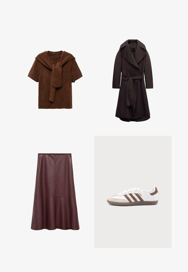 Donkere bruine lange trenchcoat met brede revers en een bijpassende stoffen riem gestrikt in de taille, weergegeven op een witte achtergrond.; Bruine korte mouwen trui met een bijpassende lange mouwen trui die rond de hals is gedrapeerd en vastgebonden, gepresenteerd op een witte achtergrond.; Bordeaux nep leren rok, A-lijn silhouet, knielengte, naden die verticale paneellijnen creëren, gladde textuur met een lichte glans.; Witte Adidas Samba sneaker met bruine suède strepen, bruine rubberen zool en beige suède neuskap, getoond vanaf de buitenkant op een effen achtergrond.