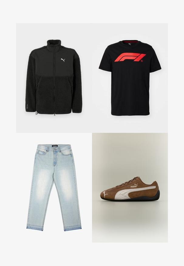 Čierna fleece bunda s hladkou hornou časťou, vysokým golierom, zapínaním na zips a logom Puma. Obsahuje textúrovaný materiál a bočné vrecká.; Čierne bavlnené tričko s veľkým červeným logom Formula 1 na prednej strane. Okrúhly výstrih a krátke rukávy, hladká textúra.; Pegador BARROW - Džínsy široké - sand washed blue; Hnedá semišová teniska s bielymi akcentmi a textúrovaným dizajnom. Má čiernu gumovú podrážku a výrazné logo Puma na boku.