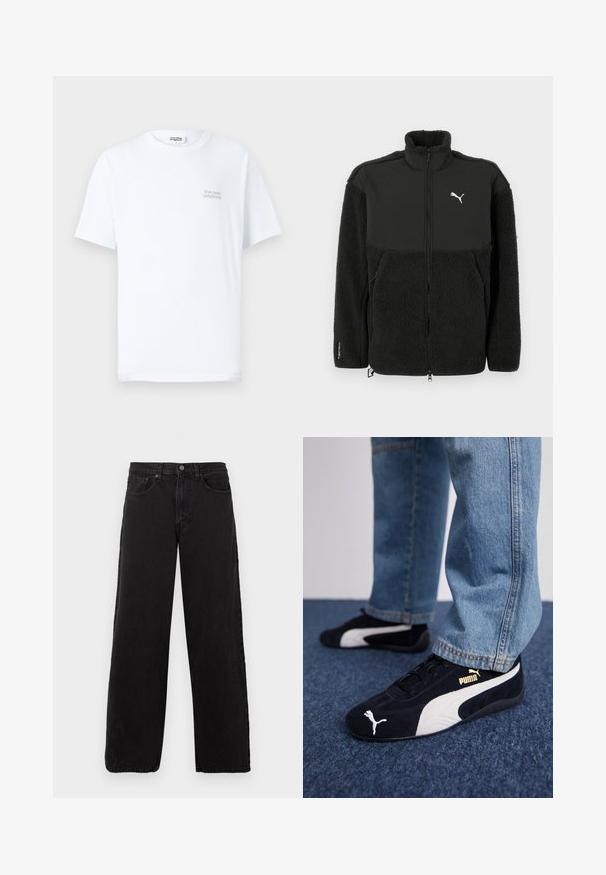 Čierna fleece bunda s hladkou hornou časťou, vysokým golierom, zapínaním na zips a logom Puma. Obsahuje textúrovaný materiál a bočné vrecká.; Biela bavlnená tričko s krátkymi rukávmi, okrúhlym výstrihom a malým šedým logom s nápisom "the new originals" na ľavej strane hrudníka.; Čierne deninové džínsy s rovnými nohavicami, štýlovým piatimi vreckami a zapínaním na gombík. Štruktúrovaná tkanina a minimalistická estetika.; Čierne semišové tenisky s bielymi akcentmi, so zlatým logom. Nosené s svetlomodrými denimovými džínsy a položené na textúrovanej modrej ploche.