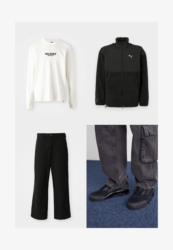 Sort fleecejakke med en glat øverste sektion, høj krave, lynlås og Puma-logo. Features tekstureret materiale og sidelommer.; Hvid langærmet ribbet sweatshirt med et sort logo "DICKIES" med "SINCE '22" nedenunder, rund hals og manchetter.; Sorte vide benbukser lavet af blødt stof, med frontlommer og en knaplukning i taljen. Minimalistisk design uden synlige mønstre.; Sorte sportsko med en struktureret overflade, glatte detaljer og en kraftig sål, der er parret med mørke, løstsiddende cargo-bukser.