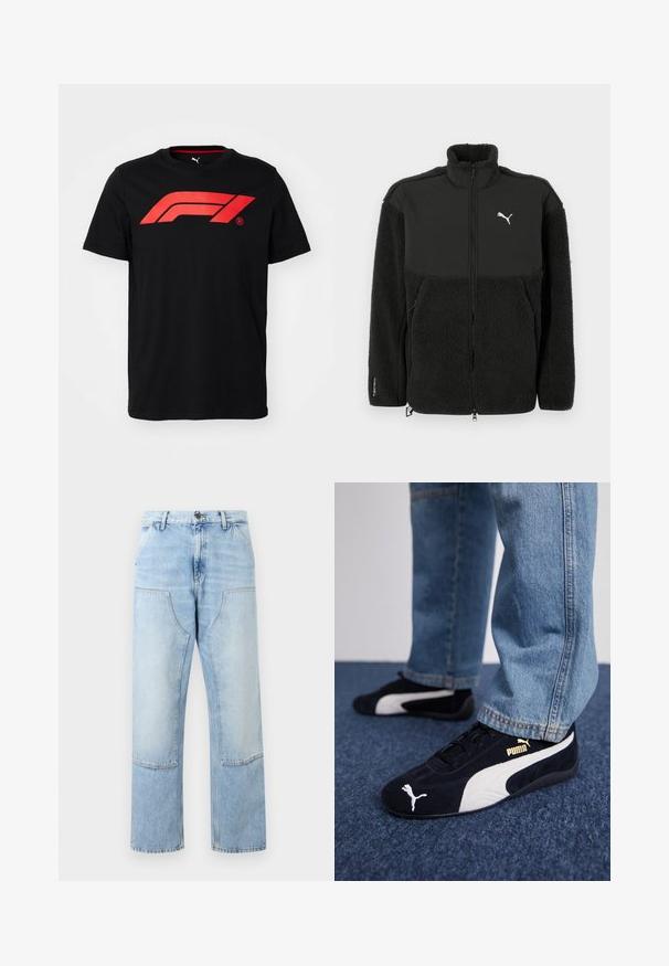 Sort fleecejakke med en glat øverste sektion, høj krave, lynlås og Puma-logo. Features tekstureret materiale og sidelommer.; Sort bomulds T-shirt med et stort rødt Formula 1-logo på forsiden. Rund halsudskæring og korte ærmer, glat tekstur.; Lyseblå denimjeans med høj talje, store forlommer med lap, knaplukning og lige brede ben.; Sorte ruskinds sneakers med hvide detaljer og et guldlogo. Båret med lyseblå denimjeans og sat på en struktureret blå overflade.