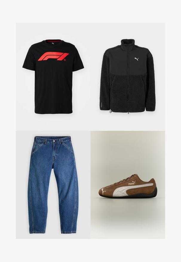 Sort fleecejakke med en glat øverste sektion, høj krave, lynlås og Puma-logo. Features tekstureret materiale og sidelommer.; Sort bomulds T-shirt med et stort rødt Formula 1-logo på forsiden. Rund halsudskæring og korte ærmer, glat tekstur.; Blå denimjeans med afslappet pasform, med knaplukning, fem lommer og kontrasterende orange syninger. Glat tekstur over det hele.; Brun ruskindsneaker med hvide accenter og tekstureret design. Har en sort gummisål og et fremtrædende Puma-logo på siden.