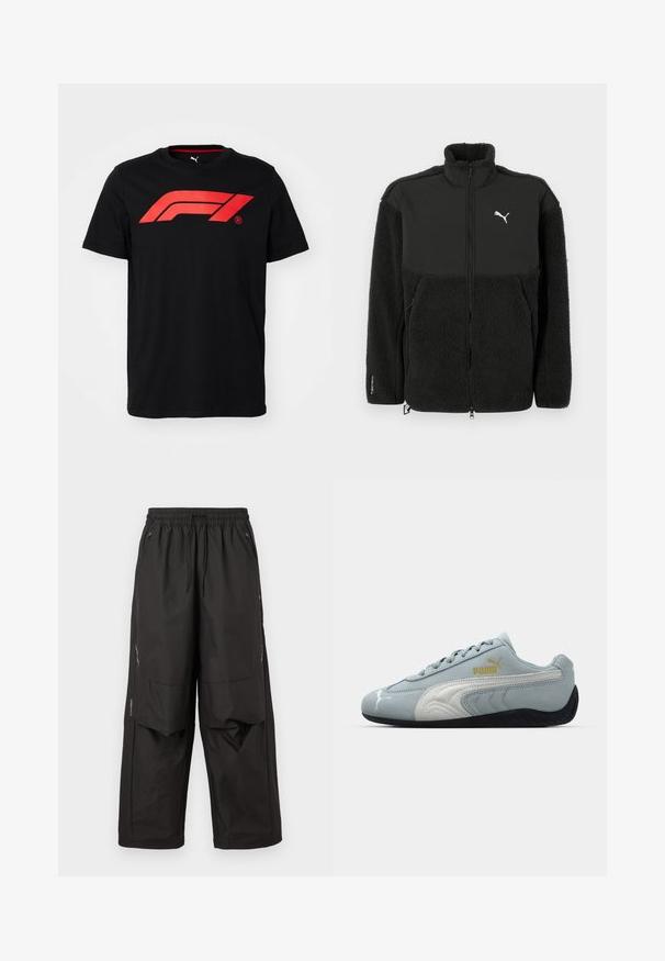 Sort fleecejakke med en glat øverste sektion, høj krave, lynlås og Puma-logo. Features tekstureret materiale og sidelommer.; Sort bomulds T-shirt med et stort rødt Formula 1-logo på forsiden. Rund halsudskæring og korte ærmer, glat tekstur.; Sorte løstsiddende bukser med elastisk taljebånd, frontlommer med lynlås, knæpaneler og subtile reflekterende detaljer på siderne.; Lysblå ruskindsneaker med hvide detaljer, tekstureret sidelayout, sort gummisul og guld logo. Designet til afslappet brug.