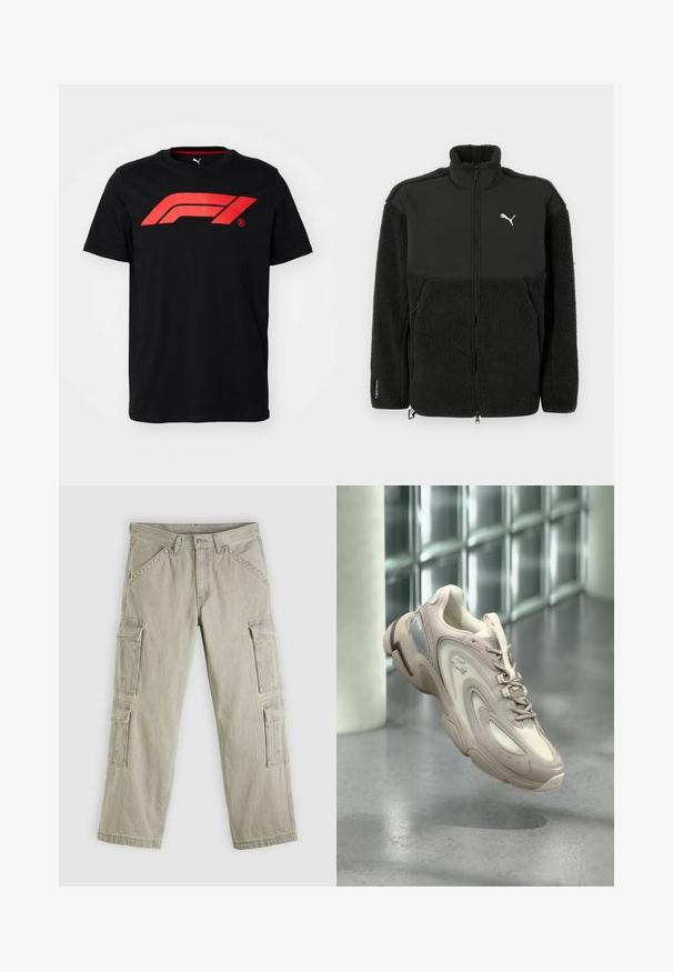Čierna fleece bunda s hladkou hornou časťou, vysokým golierom, zapínaním na zips a logom Puma. Obsahuje textúrovaný materiál a bočné vrecká.; Čierne bavlnené tričko s veľkým červeným logom Formula 1 na prednej strane. Okrúhly výstrih a krátke rukávy, hladká textúra.; Svetlosivé cargo nohavice z bavlny. Majú viacero bočných vreciek, rovné nohavice a kontrastné prešívanie. Zapínanie vpredu na zips a gombík.; Svetlo béžová teniska s elegantným dizajnom, textúrovanými vrstvami, polstrovanou podrážkou a priehľadnou časťou na boku.