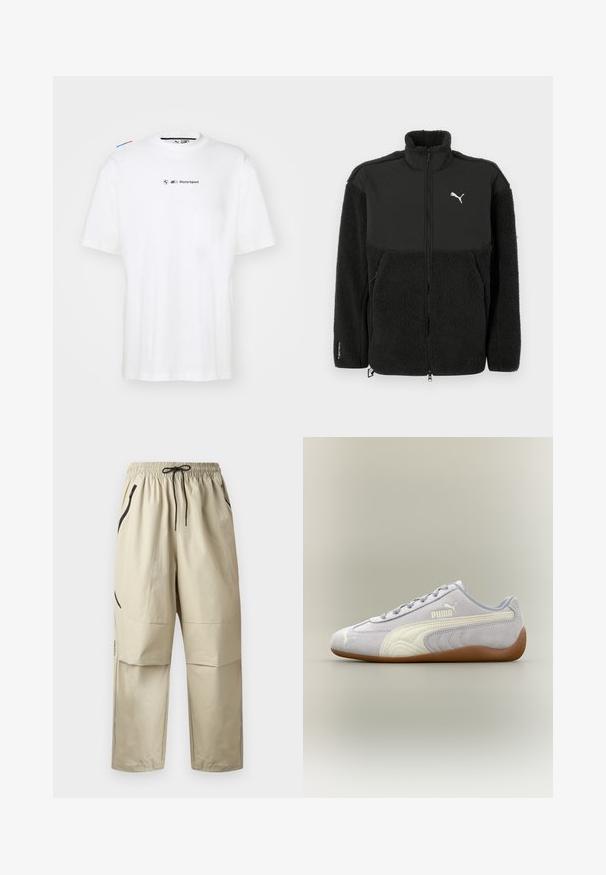 Sort fleecejakke med en glat øverste sektion, høj krave, lynlås og Puma-logo. Features tekstureret materiale og sidelommer.; Hvid bomulds T-shirt med korte ærmer, der har et lille "BMW Motorsport" logo i sort og farvede detaljer på skuldrene.; Beige letvægtsbukser med elastisk taljebånd, sort snøre og lynlåslommer i siderne, vist forfra på ensfarvet baggrund.; Lys grå Puma ruskindssneaker med hvid stribedetalje og gummisål, set fra ydersiden mod en neutral baggrund.