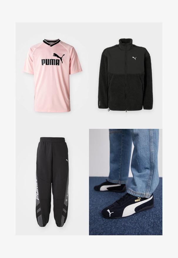 Čierna fleece bunda s hladkou hornou časťou, vysokým golierom, zapínaním na zips a logom Puma. Obsahuje textúrovaný materiál a bočné vrecká.; Ružová športová košeľa vyrobená z priedušnej tkaniny. Obsahuje čierny výstrih do V a čierne logo Puma na prednej strane. Krátke rukávy s textúrovaným dizajnom.; Čierne jogger nohavice vyrobené z mäkkého materiálu. Majú elastický pás, zúžené nohy, sivé akcenty a biele logá po stranách.; Čierne semišové tenisky s bielymi akcentmi, so zlatým logom. Nosené s svetlomodrými denimovými džínsy a položené na textúrovanej modrej ploche.