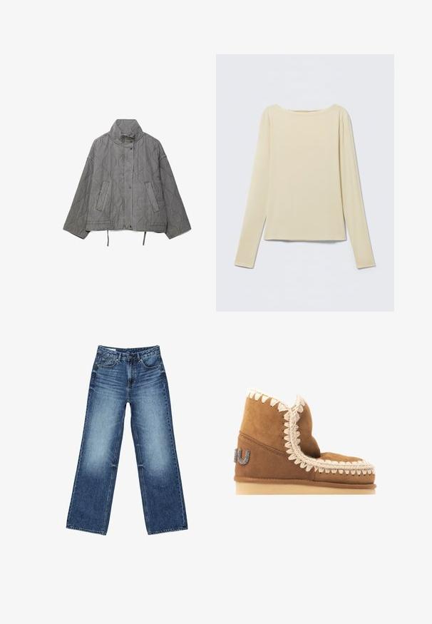 Grijze doorgestikte jas met hoge kraag, drukknoopsluiting aan de voorkant, diagonale zakken en trekkoorden aan de zoom.; Beige langärmeliges nauwsluitend shirt mit einem Boot-Ausschnitt, flach auf einem hellen Hintergrund liegend.; Blauwe denim jeans met wijde pijpen, voorzakken en muntzakje, knoopsluiting en een vervaagde wassing op de dijen en knieën.; Bruine suède enkellaars met een decoratieve crèmekleurige stiksel langs de bovenrand en een metalen logo-detail aan de buitenkant. Platte zool.
