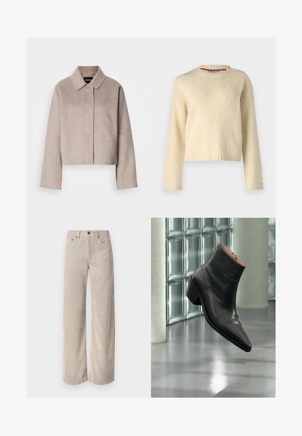 Beskåret uldfrakke i lys beige med krave, lange ærmer og et rent frontdesign. Blød tekstur uden synlige lukninger.; Beige strikket sweater med rund hals og lange ærmer samt ribbede manchetter og kant, vist på en helt hvid baggrund.; Beige corduroy bukser med vidde og lodrette striber, der har knaplukning og frontlommer. Blødt, tekstureret stof med en afslappet pasform.; Sort læderankelstøvle med spids tå og blokhæl, der svæver over en reflekterende grå gulv nær en væg af glasblokke.