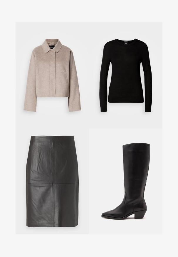 Beskåret uldfrakke i lys beige med krave, lange ærmer og et rent frontdesign. Blød tekstur uden synlige lukninger.; Sort sweater lavet af et fint strikmateriale, med en rund halsudskæring og lange ærmer med tætsiddende mansjetter. Ingen synlige mønstre eller dekorationer.; Sort lædernederdel med en glat tekstur, der har lodrette sømme og en lige skæring. Ingen synlig hardware eller accenter.; Sort læderstøvle til midtkalv med spids tå og lavt skråt hæl på en enkel lys baggrund.