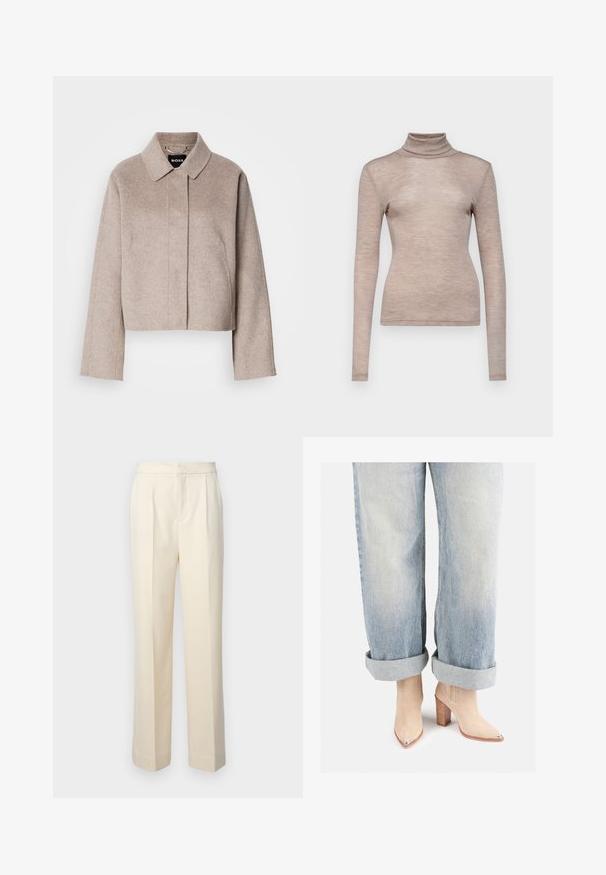 Beskåret uldfrakke i lys beige med krave, lange ærmer og et rent frontdesign. Blød tekstur uden synlige lukninger.; Langærmet turtleneck top i blød, lys beige stof. Tætsiddende design med en glat tekstur og høj krave.; Skræddersyede cremefarvede bukser med lige ben, der har folder foran og en glat overflade. Taljen er flad og uden pynt.; Beige ruskinds ankelstøvler med spids tå og metallisk hældetalje, parret med lysblå opkrøllede denimjeans.