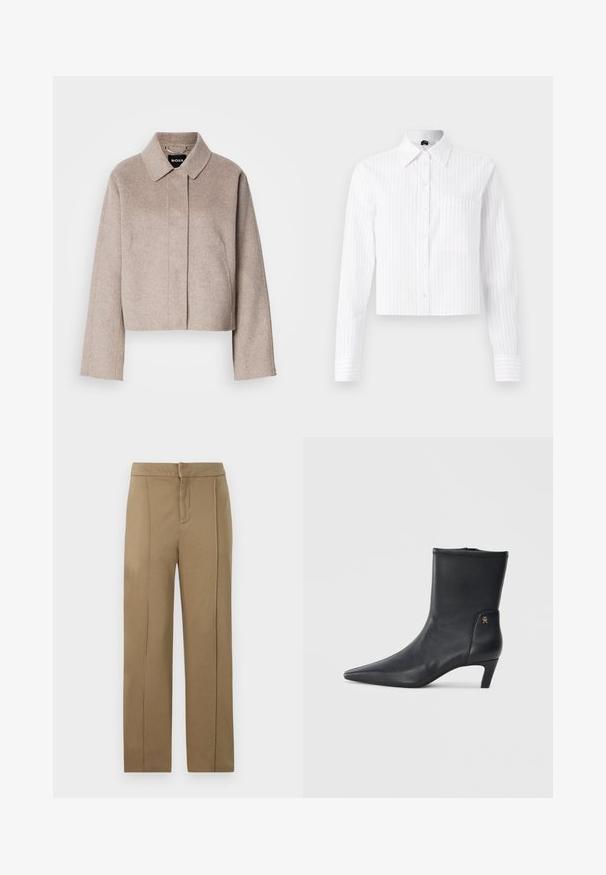 Beskåret uldfrakke i lys beige med krave, lange ærmer og et rent frontdesign. Blød tekstur uden synlige lukninger.; Hvid cropped button-up skjorte med lyseblå vertikale striber, lange ærmer, enkelt brystlomme og klassisk krave. Fabrik i bomuldsblanding.; Khaki bukser lavet af glat stof, med en mellemhøj talje, lige ben-design og to lodrette sømme for ekstra detaljer.; Sorte læder ankelstøvler med spids tå og en lav hæl. Har en glat overflade og et lille guld logo detalje på siden.