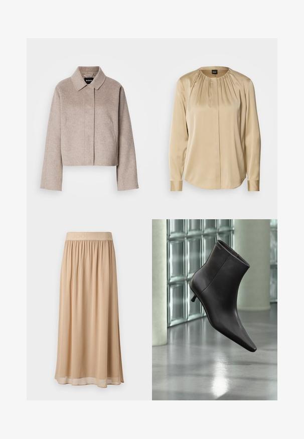 Beskåret uldfrakke i lys beige med krave, lange ærmer og et rent frontdesign. Blød tekstur uden synlige lukninger.; Langærmet skjorte i beige satin med rund halsudskæring, plisseringer foran og knap på ærmerne. Glat tekstur med en afslappet pasform.; Beige midi-nederdel med bred elastisk talje med mærkenavn. Blødt, flydende materiale med glat tekstur og enkelt design.; Sort læderankelstøvle med spids tå og lille hæl vist mod en væg af glasblokke og poleret gulv baggrund.