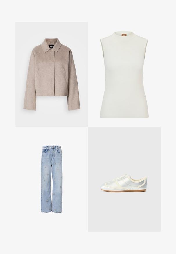 Beskåret uldfrakke i lys beige med krave, lange ærmer og et rent frontdesign. Blød tekstur uden synlige lukninger.; Hvid, ærmeløs top med høj halsudskæring, der har en ribbet tekstur og et tætsiddende design. Brandlabel "BOSS" synlig på kraven.; Lystblå denimjeans med afslappet pasform, prydet med sølvfarvet blomsterbroderi hele vejen rundt og standard fem-lomme design.; Sølvfarvede syntetiske sneakers med cremefarvede detaljer, lav profil, rundet snude og flad gummisål; har klassiske syninger og snørelukning.