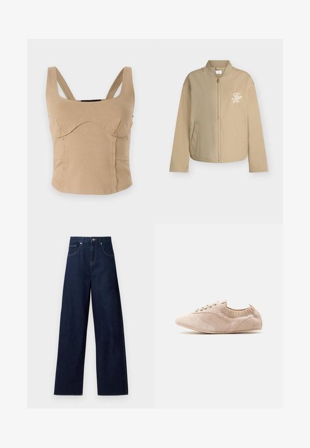Beige vetoketjullinen bomber-takki, jossa resorikaulus, sivutaskut ja valkoinen kirjailtu "TH"-logo vasemmassa rintataskussa.; Kremi lyhyt toppi, jossa on leveät olkaimet, sileä pinta, taipuisat saumat ja istuva muoto. Ei näkyviä suljinteita tai koristeita.; Tummansiniset leveälahkeiset farkut, joissa edessä nappikiinnitys ja taskut, kuvattuna litteänä valkoista taustaa vasten.; Beigenvärinen mokkanahkainen lenkkari, jossa joustava nilkkakaulus, matala pohja ja nauhakiinnitys edessä, yksivärisellä vaalealla taustalla.