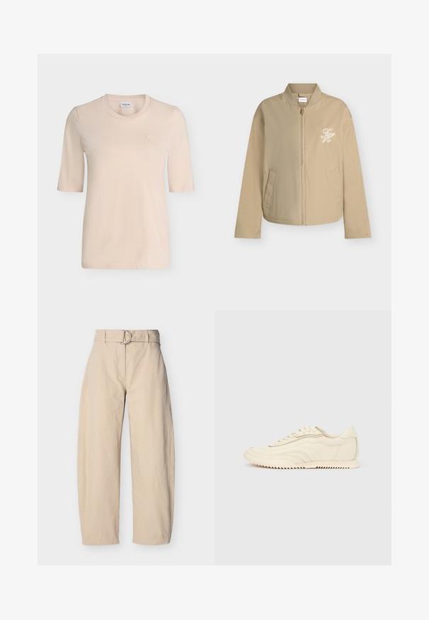 Veste bomber beige zippée avec col côtelé, poches latérales et logo brodé blanc "TH" sur la poitrine gauche.; T-shirt beige à manches courtes avec col rond et petit logo brodé sur la poitrine gauche, présenté sur fond blanc uni.; Pantalon beige à jambes larges en coton, doté d'une taille ceinturée avec une boucle ronde en métal, de poches latérales et d'une texture lisse.; Baskets basses de couleur crème avec des coutures ondulées, une fermeture à lacets et une semelle crantée, vues de côté sur un fond uni.