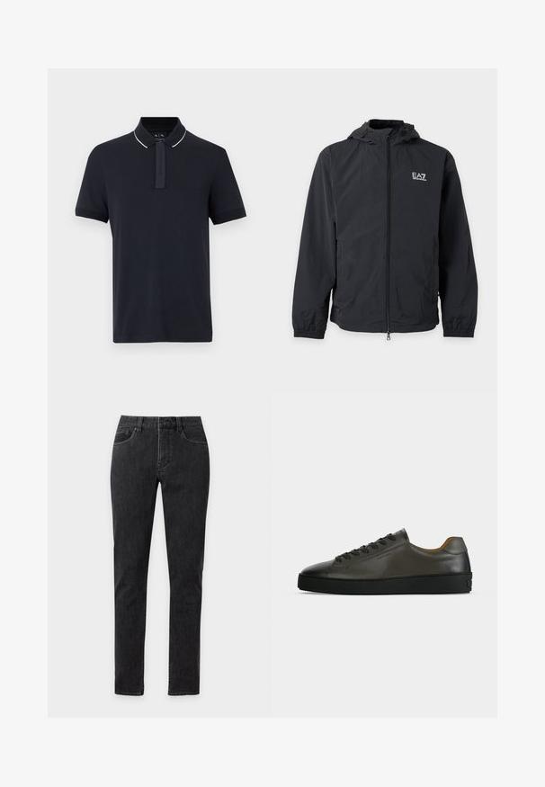 Veste noire à capuche avec fermeture éclair devant, poignets élastiques, poches latérales et logo blanc EA7 Emporio Armani sur la poitrine gauche.; Polo bleu marine à manches courtes avec bordure de col blanche et patte de boutonnage dissimulée, présenté sur un fond neutre.; Jean noir slim fit avec cinq poches, passants de ceinture et coutures visibles, présenté de face sur un fond uni.; Basket basse en cuir gris foncé avec lacets et semelle noirs, design minimaliste, profil latéral sur un fond clair uni.