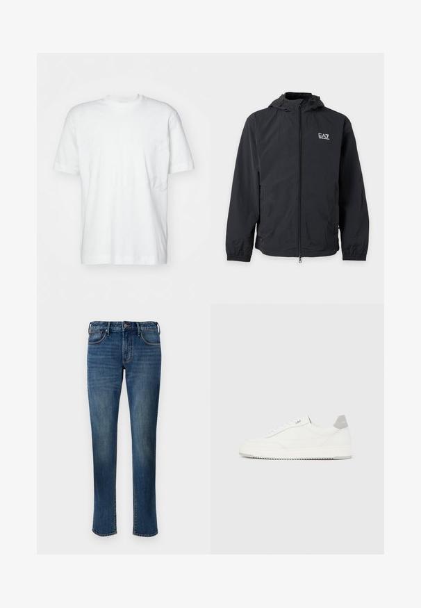 Chaqueta negra con capucha, cremallera frontal, puños elásticos, bolsillos laterales y logo blanco EA7 Emporio Armani en el pecho izquierdo.; Camiseta blanca de manga corta hecha de algodón, con un clásico escote redondo y un corte holgado, sin logotipos ni patrones visibles.; Jeans de mezclilla en un lavado azul medio. Presentan un diseño de pierna recta, estilo de cinco bolsillos, cremallera frontal y acentos de costura de contraste.; Zapatilla blanca de corte bajo con pestaña en el talón gris, cordones blancos y suela texturizada, presentada sobre un fondo claro y liso.