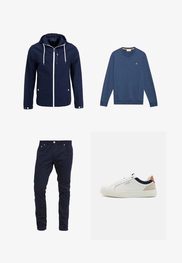 Veste imperméable navy avec capuche, zips blancs et cordons de serrage. Comprend une poche frontale zippée et deux poches latérales à pression. Texture lisse.; Sweatshirt à col ras du cou bleu marine à manches longues avec un petit logo d'oiseau jaune sur la poitrine gauche et des poignets et un ourlet côtelés.; Pantalons slim-fit bleu marine en tissu mélangé coton, dotés d'une fermeture à bouton, de cinq poches et de détails de couture subtils.; Baskets en cuir blanc avec un design bas, accent en tissu bleu marine sur le col et onglet de talon en daim rose pâle. Semelle en caoutchouc.