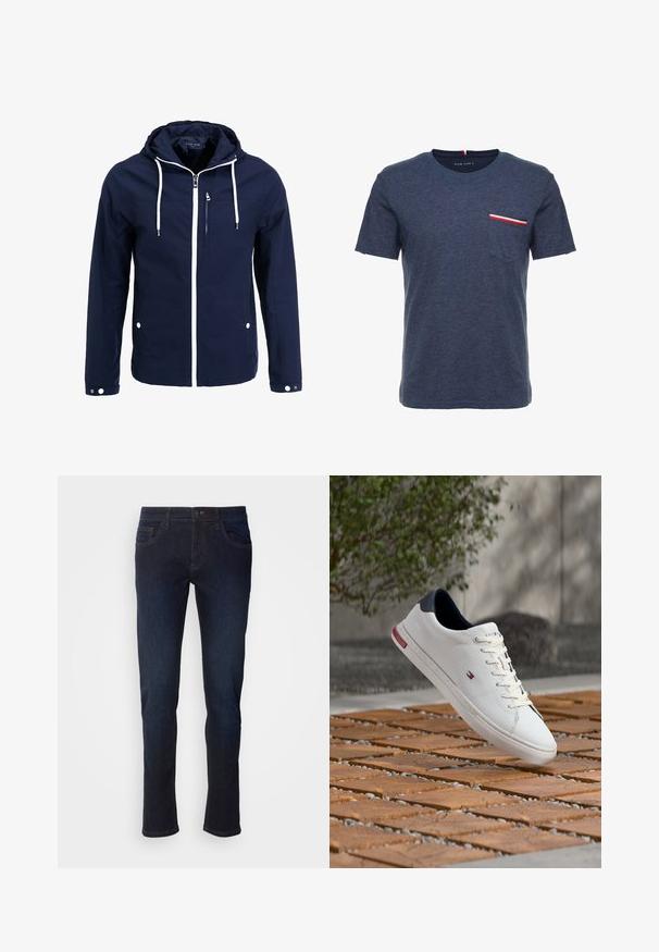 Marineblå vandtæt jakke med hætte, hvide lynlåse og snørehuller. Har en frontlomme med lynlås og to sidelommer med trykknapper. Glat tekstur.; Marineblå bomulds t-shirt med rund halsudskæring og korte ærmer. Har en brystlomme med røde, hvide og sorte stribede detaljer.; Mørkeblå denim jeans med lige ben, som har forlommer, lynlås og subtile syninger.; Hvid lædersneaker med navy hælflap og lille rød, hvid og blå logo, der svæver over en træ- og grusbelagt overflade udendørs.