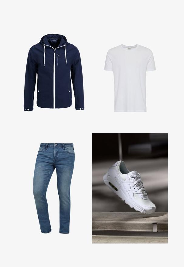 Marineblå vandtæt jakke med hætte, hvide lynlåse og snørehuller. Har en frontlomme med lynlås og to sidelommer med trykknapper. Glat tekstur.; Plain hvid kortærmet t-shirt med rund hals, vist på en hvid baggrund, med et lille nakke-label, der viser mærket “Solid”.; Tætsiddende blå denim jeans med en falmet vask, fem lomme-design og lukning med metalknap. Stoffet har en let tekstur og syninger.; Hvide Nike Air Max 90 sneakers med en overdel i mesh og læder, perforeret tåboks og en synlig luftenhed i hælen.