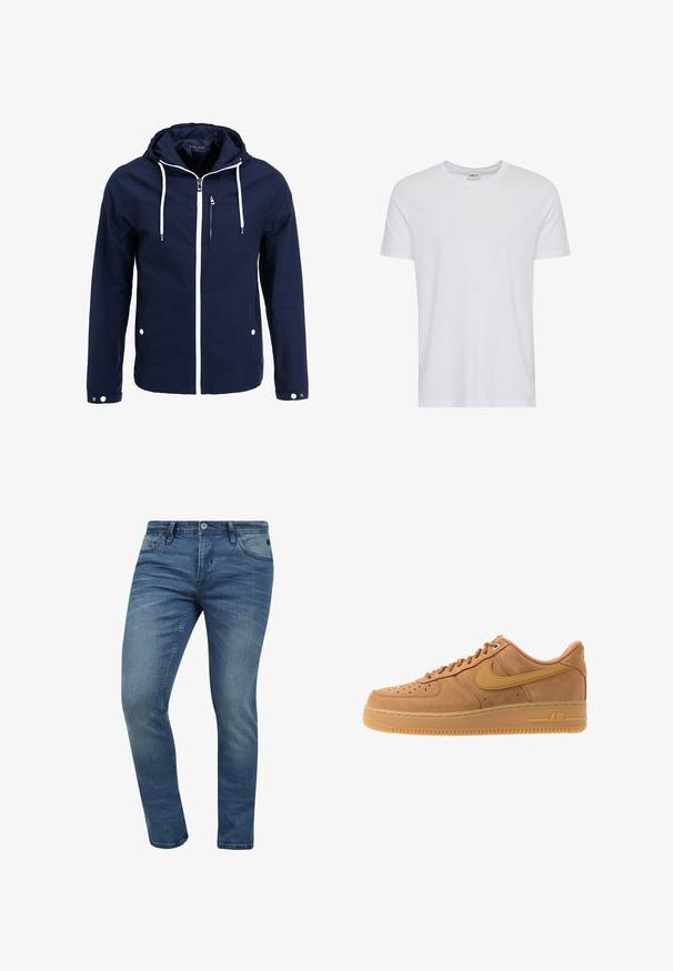 Marineblå vandtæt jakke med hætte, hvide lynlåse og snørehuller. Har en frontlomme med lynlås og to sidelommer med trykknapper. Glat tekstur.; Plain hvid kortærmet t-shirt med rund hals, vist på en hvid baggrund, med et lille nakke-label, der viser mærket “Solid”.; Tætsiddende blå denim jeans med en falmet vask, fem lomme-design og lukning med metalknap. Stoffet har en let tekstur og syninger.; Nike Sportswear AIR FORCE 1 07 - Sneakers - flax/wheat/light brown/black/team gold