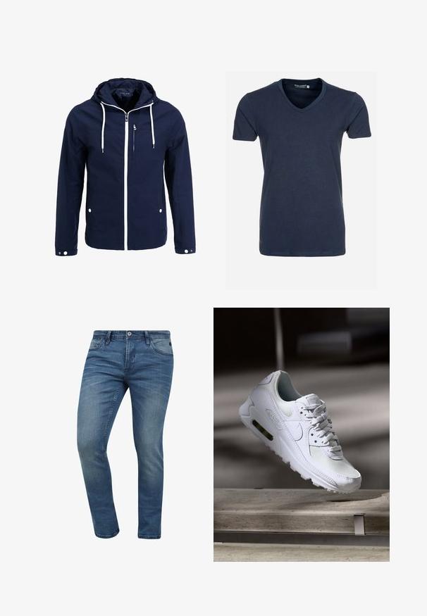 Marineblå vandtæt jakke med hætte, hvide lynlåse og snørehuller. Har en frontlomme med lynlås og to sidelommer med trykknapper. Glat tekstur.; Marineblå bomulds V-hals T-shirt med korte ærmer, glat tekstur og lige kant, med et mærke på den indre halslinning.; Tætsiddende blå denim jeans med en falmet vask, fem lomme-design og lukning med metalknap. Stoffet har en let tekstur og syninger.; Hvide Nike Air Max 90 sneakers med en overdel i mesh og læder, perforeret tåboks og en synlig luftenhed i hælen.