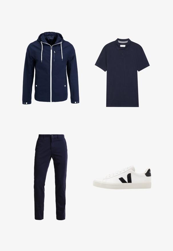 Navy wasserfeste Jacke mit Kapuze, weißen Reißverschlüssen und Kordelzügen. Verfügt über eine vordere Reißverschlusstasche und zwei seitliche Druckknopftaschen. Glatte Textur.; Navyblaues Polohemd aus strukturiertem Stoff, mit einer Knopfleiste mit drei Knöpfen, kurzen Ärmeln und einem gestreiften Kragen.; Marineblaue Chinohosen aus einem Baumwollmischgewebe, mit geradem Bein, Fronttaschen, einem Reißverschluss sowie einem einzelnen Knopfverschluss am Bund.; Weiße Leder-Sneaker mit schwarzen Wildlederelementen; verfügen über eine Gummisohle, eine runde Spitze und ein klassisches Schnürdesign. Seitliches Logo in Schwarz.