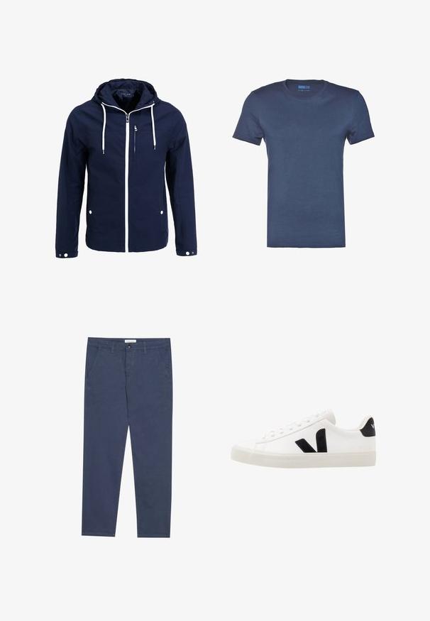 Veste imperméable navy avec capuche, zips blancs et cordons de serrage. Comprend une poche frontale zippée et deux poches latérales à pression. Texture lisse.; T-shirt en coton bleu marine avec un col rond, des manches courtes et une texture lisse et unie. Aucun motif ni détail matériel visible.; Chinos en coton bleu marine avec une coupe droite, deux poches avant et des détails de couture subtils, dotés d'une taille avec fermeture à bouton.; Sneaker blanche en cuir avec des accents en daim noir ; dispose d'une semelle en caoutchouc, d'un bout rond et d'un design classique à lacets. Logo latéral en noir.