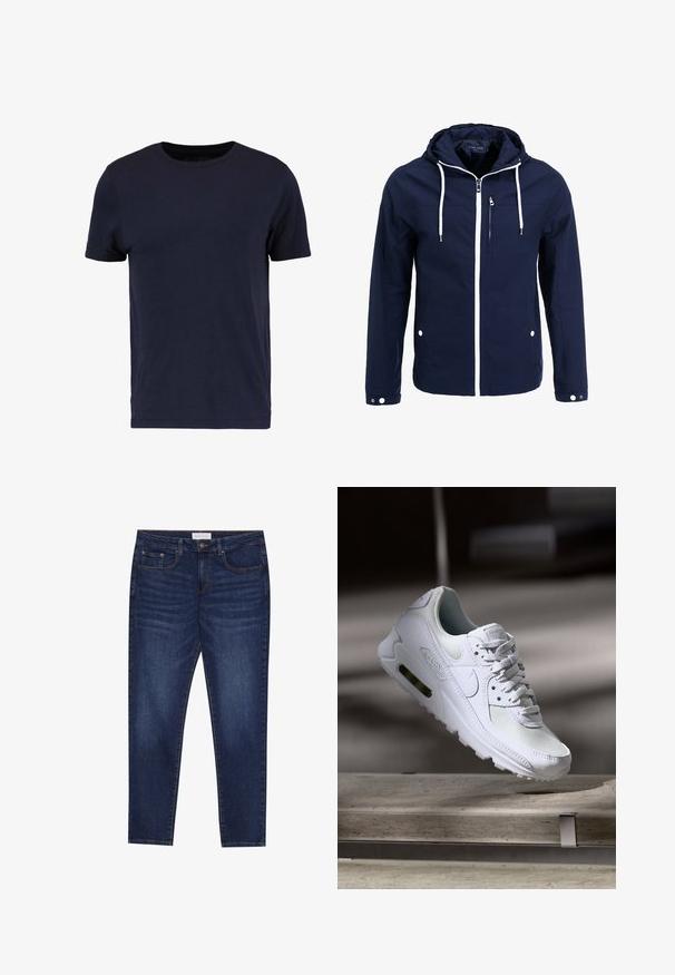 Marineblå vandtæt jakke med hætte, hvide lynlåse og snørehuller. Har en frontlomme med lynlås og to sidelommer med trykknapper. Glat tekstur.; Pier One by Zalando T-shirts basic - dark blue; Mørkeblå slim-fit jeans med fem lommer, knaplukning og kontrastsying, mærket Pier One på livlinen.; Hvide Nike Air Max 90 sneakers med en overdel i mesh og læder, perforeret tåboks og en synlig luftenhed i hælen.