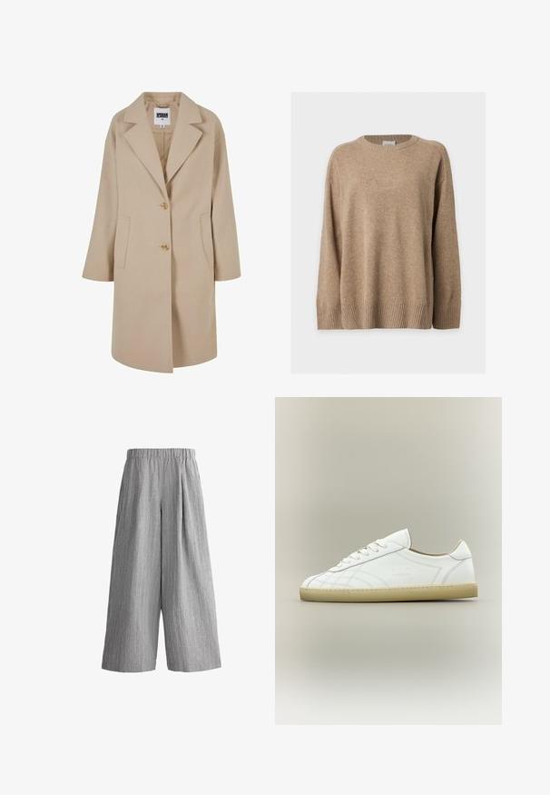 Manteau en mélange de laine beige avec un col à revers, deux boutons, poches latérales et coupe loose. Présente une finition lisse et texturée.; Pull en maille beige à manches longues avec poignets, bas et col rond côtelés, présenté à plat sur fond blanc.; Pantalon gris à jambes larges et coupé court avec des fines rayures blanches verticales et une taille élastique, fabriqué en tissu léger.; Baskets basses en cuir blanc avec semelle beige, lacets et motifs cousus subtils sur fond neutre.