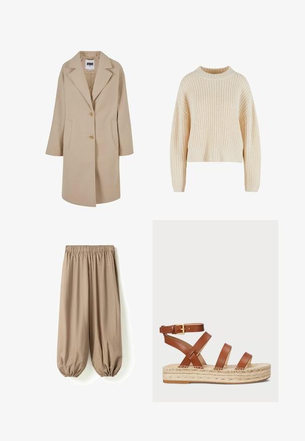 Manteau en mélange de laine beige avec un col à revers, deux boutons, poches latérales et coupe loose. Présente une finition lisse et texturée.; Pull en tricot crème avec un col haut en côtes, des manches larges et un motif texturé sur l'ensemble. Design court avec un ourlet en côtes.; Pantalon beige ample avec taille élastique et poignets froncés resserrés aux chevilles, en tissu léger.; Sandale en cuir marron avec trois sangles et une boucle à la cheville, dotée d'une semelle en jute tressé pour plus de texture et de hauteur.