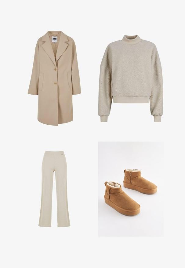 Beige uldblandingsfrakke med glat krave, to knapper, sidelommer og en løs pasform. Har en glat, struktureret overflade.; Cremefarvet trøje med høj hals, lavet af tekstureret fleece materiale. Har et cropped design og ribstrikkede manchetter og kant.; Beige vide bukser med en glat ribbet tekstur, elastisk talje og ingen synlige dekorationer, hvilket giver en afslappet silhuet.; Lysebrune ankelstøvler i ruskind med imiteret pelsforing, flad platformssål og lynlås i siden for nem påtagning. Har rundet tå og minimal syning.
