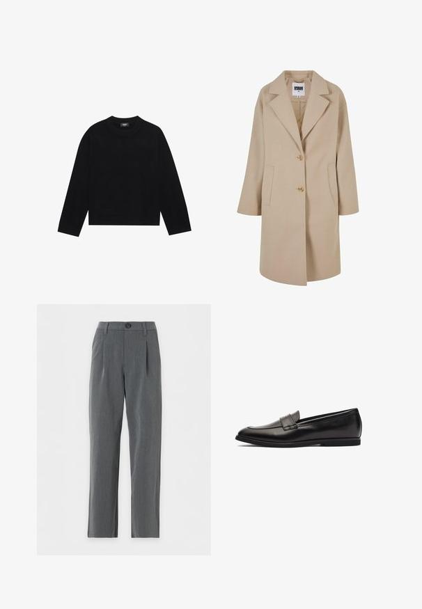Beige uldblandingsfrakke med glat krave, to knapper, sidelommer og en løs pasform. Har en glat, struktureret overflade.; Sort crew-neck sweater med lange ærmer, ribbede manchetter og kant, lavet af blødt materiale. Enkel, ren design uden mønstre eller aksenter.; Grå bukser med lige snit, bæltestropper, frontknaplukning og plisseringer nær taljen på hvid baggrund.; Sort læder loafersko med en glat finish, rund tå og dobbelte syninger på overdelen. Flad gummisål for komfort.