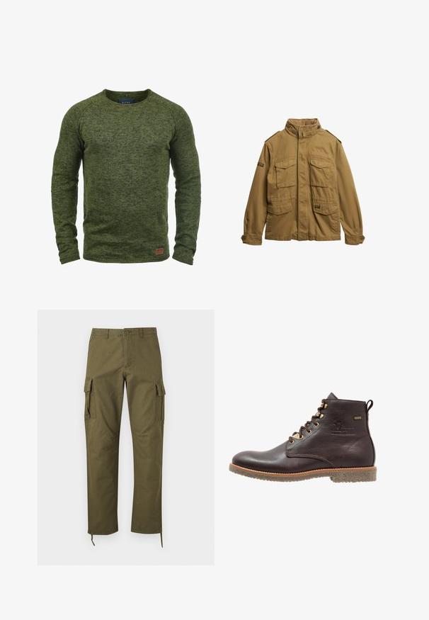 Chaqueta militar de color marrón claro hecha de algodón. Presenta un cuello alto, múltiples bolsillos frontales y detalles de botones en las mangas.; Suéter verde hecho de tejido de punto texturizado, con cuello redondo, mangas largas y un pequeño parche de logo marrón en la parte inferior delantera.; Pantalones cargo verde oliva con bolsillos laterales con solapa, cierre frontal con botones, trabillas para cinturón y cordones ajustables en los bajos.; Botín de cuero marrón hasta el tobillo con punta redonda, ojales de metal, suela de goma texturizada y costuras a lo largo del borde para mayor durabilidad.