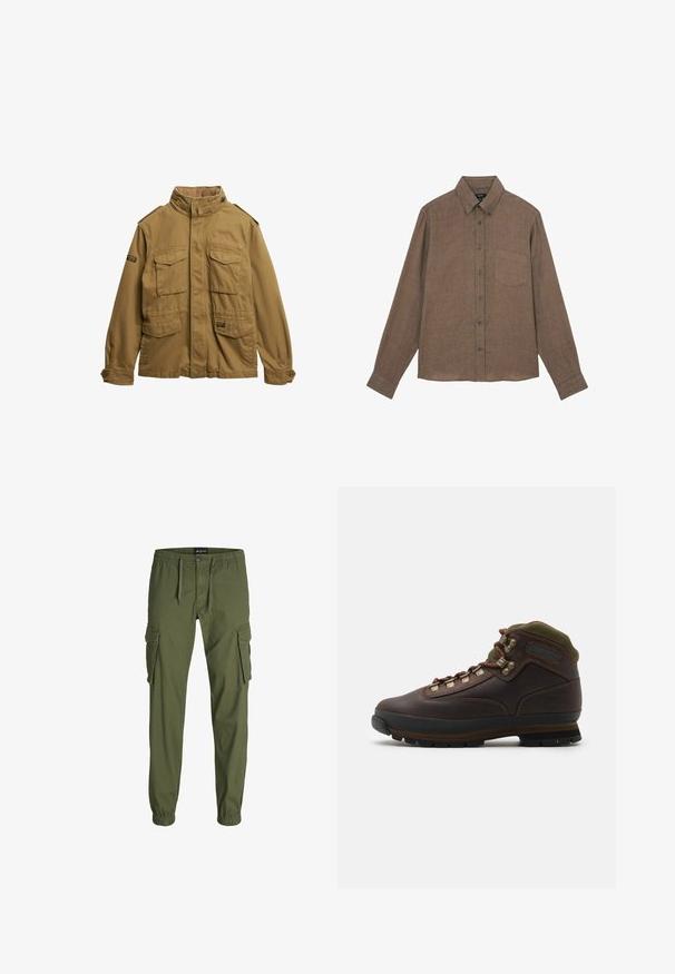 Chaqueta militar de color marrón claro hecha de algodón. Presenta un cuello alto, múltiples bolsillos frontales y detalles de botones en las mangas.; Camisa marrón de manga larga con botones, bolsillo en el pecho y cuello abotonado, hecha de tela texturizada.; Pantalones cargo verde oliva con cinturilla elástica, cordón, dos grandes bolsillos laterales y puños ajustados. Fabricados con un tejido duradero.; Bota de senderismo de piel marrón con cuello de tela verde. Presenta ganchos metálicos para los cordones, suela de goma y un diseño texturizado en la suela para mayor tracción.