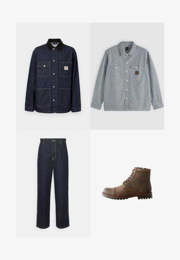 Chaqueta de mezclilla azul oscuro con cuello negro, cuatro bolsillos delanteros incluyendo uno con parche del logo de Carhartt, y cierre con botones en el centro.; Camisa de manga larga con botones, con finas rayas verticales negras y blancas, dos bolsillos delanteros con solapas y un pequeño parche negro en el bolsillo derecho.; Jeans de mezclilla oscuros de pierna ancha con costuras amarillas, que cuentan con un cierre frontal de botón y bolsillos laterales. Textura suave y diseño tradicional.; Botas de cuero marrón hasta el tobillo con punta redondeada, cuello acolchado, cordones con seis ojales y suela de goma texturizada. Acentos de costura en los laterales.