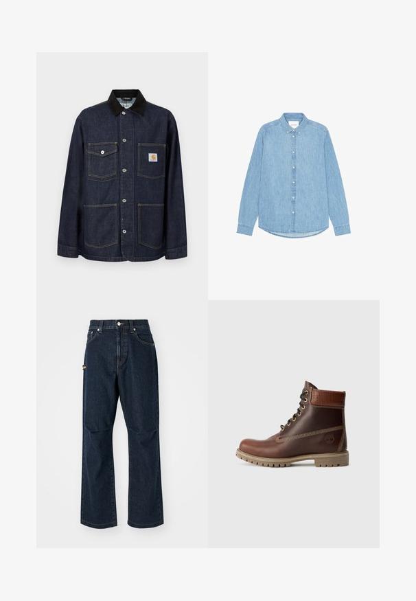 Mørkeblå denimjakke med sort krave, fire forlommer herunder en med Carhartt-logo påsat, og knaplukning ned langs midten.; Lyseblå denimskjorte med knapper, lange ærmer, spidst krave og afrundet kant. Har knaplukning foran og lille logodetalje.; Mørkeblå denim jeans med lige ben, frontlommer og en sidelomme. Har stiklinger i kontrastfarve og en knap i taljen.; Brun læder snørebånd ankelstøvle med polstret krave, kontrastsyning og robust sål, vist fra ydersiden på en hvid baggrund.
