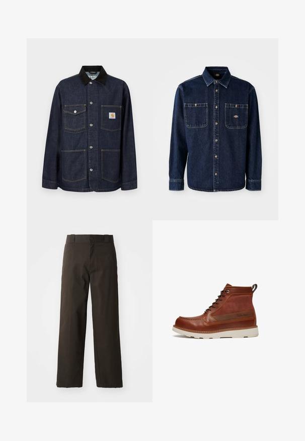 Mørkeblå denimjakke med sort krave, fire forlommer herunder en med Carhartt-logo påsat, og knaplukning ned langs midten.; Mørkeblå denimskjorte med krave, knaplukning fortil, to brystlommer, gyldne knapper og synlige sømme. Har et mærkelogo.; Sorte bomuldsbukser med et lige ben-design, der har en knaplukning og et klassisk taljehåndter. Glat tekstur, ingen mønstre eller accenter.; Timberland Snørestøvletter - rust copper