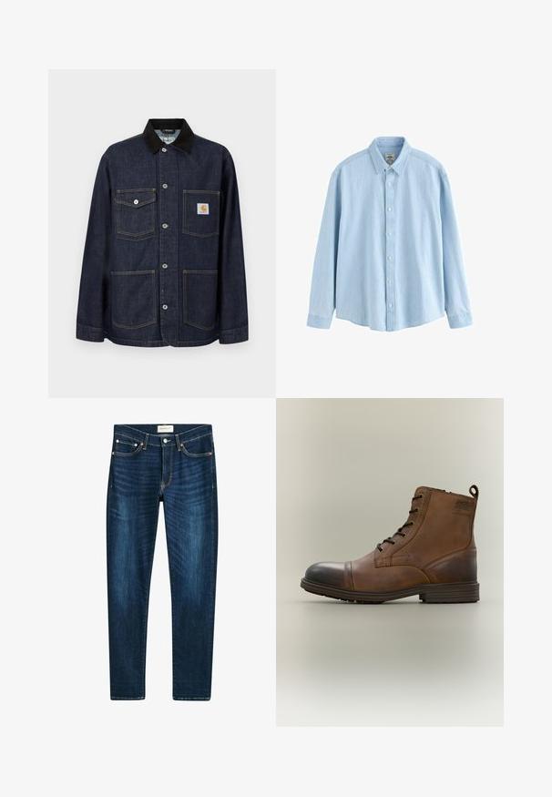 Mørkeblå denimjakke med sort krave, fire forlommer herunder en med Carhartt-logo påsat, og knaplukning ned langs midten.; Lyseblå denimskjorte med lange ærmer, knapper og krave, medium størrelse, vist mod en hvid baggrund.; Mørkeblå jeans lavet af denim, med en lige ben-design, fem lommer, kobberfarvede nitter og subtilt farvetone på stoffet.; Brun læderstøvle med snørebånd, sort tåhætte, rund sål og mærket detalje på siden mod ensfarvet baggrund.