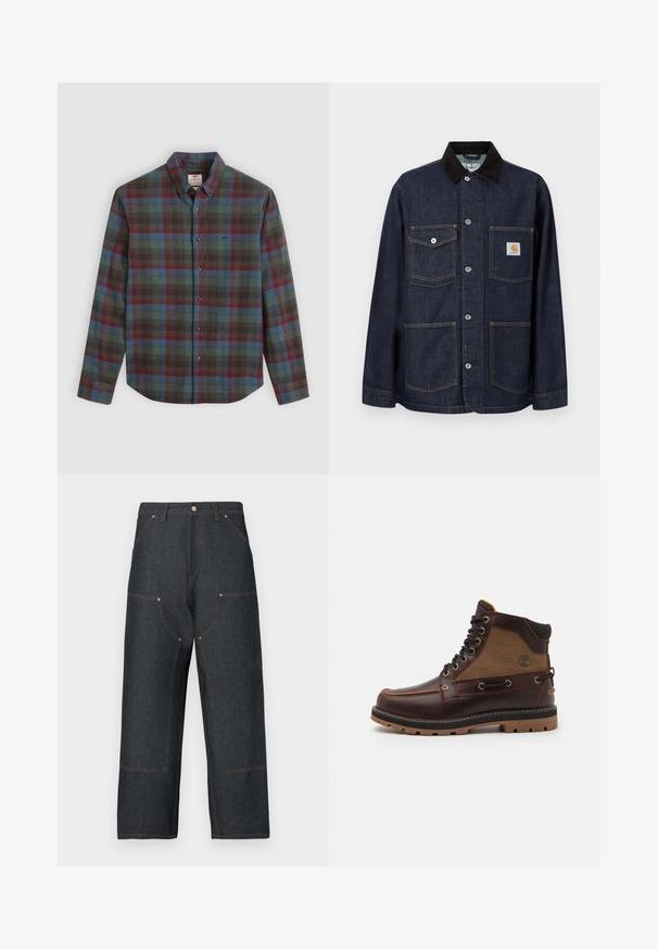 Veste en denim bleu foncé avec col noir, quatre poches avant dont une avec patch logo Carhartt, et fermeture à boutons au centre.; Chemise à manches longues pour hommes avec un motif tartan rouge, bleu et vert, col écarté et une poche poitrine.; Jean en denim bleu foncé avec une coupe à jambes larges, présentant des coutures contrastantes orange, des poches avant et une fermeture classique par bouton.; Bottine en cuir marron avec un panneau en tissu beige, bout rond, œillets en métal, semelle en caoutchouc noir et détails de couture. Présente un logo en relief sur le côté.