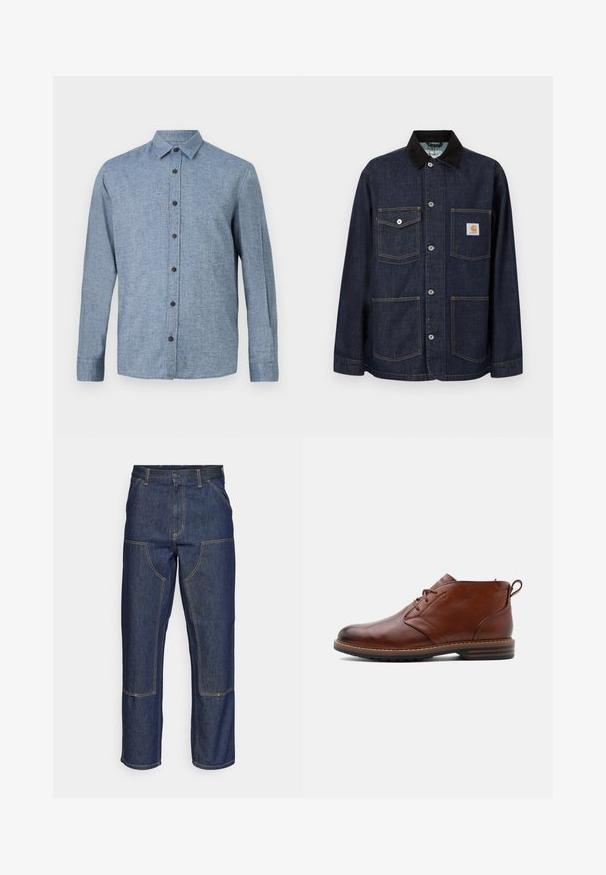 Mørkeblå denimjakke med sort krave, fire forlommer herunder en med Carhartt-logo påsat, og knaplukning ned langs midten.; Langærmet button-up skjorte i lyseblåt stof med tekstureret væv, med krave og seks mørkeblå knapper ned ad fronten.; Mørkeblå denim jeans med høj talje, lige ben-design, kontrastsyninger og lappelommer foran.; Brun læder ankelstøvle med snørelukning foran, lav hæl og trækstrop bagpå, vist fra ydersiden på en ensfarvet baggrund.