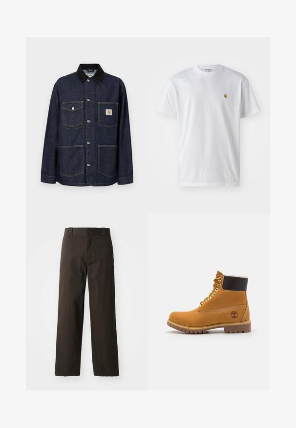 Dunkelblaue Jeansjacke mit schwarzem Kragen, vier Fronttaschen, darunter eine mit Carhartt-Logo-Patch, und durchgehender Knopfleiste.; Weißes Baumwoll-T-Shirt mit kurzen Ärmeln, Rundhalsausschnitt, mit einem kleinen goldenen Logo im linken Brustbereich. Weicher Stoff und normale Passform.; Schwarze Baumwollhosen mit geradem Bein, ausgestattet mit einem Knopfverschluss und einem klassischen Bund. Glatte Textur, keine Muster oder Akzente.; Braune Leder-Ankle-Boots mit Metallösen, weißem Kunstfellfutter, schwarzem gepolstertem Kragen, robustem Sohlenprofil und geprägtem Logo an der Seite.