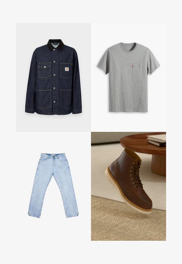 Chaqueta de mezclilla azul oscuro con cuello negro, cuatro bolsillos delanteros incluyendo uno con parche del logo de Carhartt, y cierre con botones en el centro.; Camiseta de algodón gris con mangas cortas, cuello redondo y un bolsillo en el pecho izquierdo. Presenta un pequeño logotipo rojo en el bolsillo. Textura suave.; Vaqueros de mezclilla azul claro con un diseño de pierna recta, que cuentan con cinco bolsillos, cierre de botón y un sutil desgaste. Sin patrones ni logotipos visibles.; Botín de cuero marrón con suela beige sobre una alfombra beige texturizada al lado de una mesa redonda de madera con libros apilados.