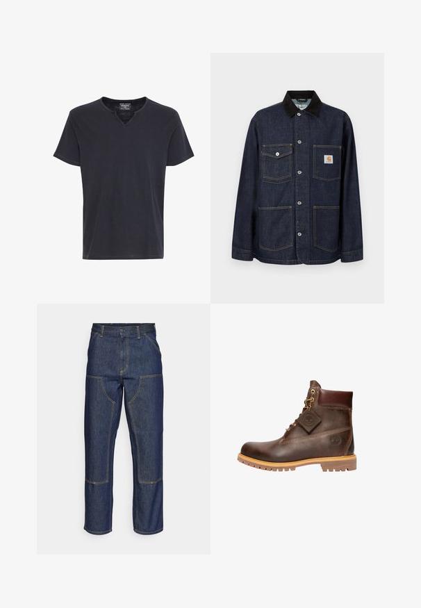Dunkelblaue Jeansjacke mit schwarzem Kragen, vier Fronttaschen, darunter eine mit Carhartt-Logo-Patch, und durchgehender Knopfleiste.; Schwarzes T-Shirt mit kurzen Ärmeln und einem V-förmigen Ausschnitt, einfaches, schmuckloses Design, dargestellt auf weißem Hintergrund.; Dunkelblaue Jeans aus Denim mit hoher Taille, geradem Bein-Design, kontrastierenden Nähten und aufgesetzten Taschen auf der Vorderseite.; Braune Leder-Ankelstiefel mit runder Zehenpartie, robuster Sohle, goldfarbener Hardware und strukturiertem Obermaterial. Enthält ein angehängtes Logo-Tag.
