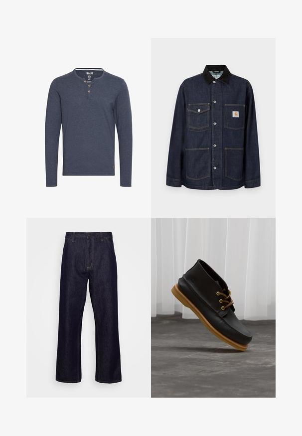 Chaqueta de mezclilla azul oscuro con cuello negro, cuatro bolsillos delanteros incluyendo uno con parche del logo de Carhartt, y cierre con botones en el centro.; Solid SDVOLKO - Camiseta de manga larga - mottled blue; Jeans de mezclilla de pierna recta en azul oscuro con bolsillos frontales, trabillas para el cinturón, cierre de cremallera y botón, mostrados sobre un fondo blanco liso.; Zapatos de cuero negro con un acabado suave, punta redonda, cordones marrones y suelas de goma marrón claro. Logo embossado en el costado.
