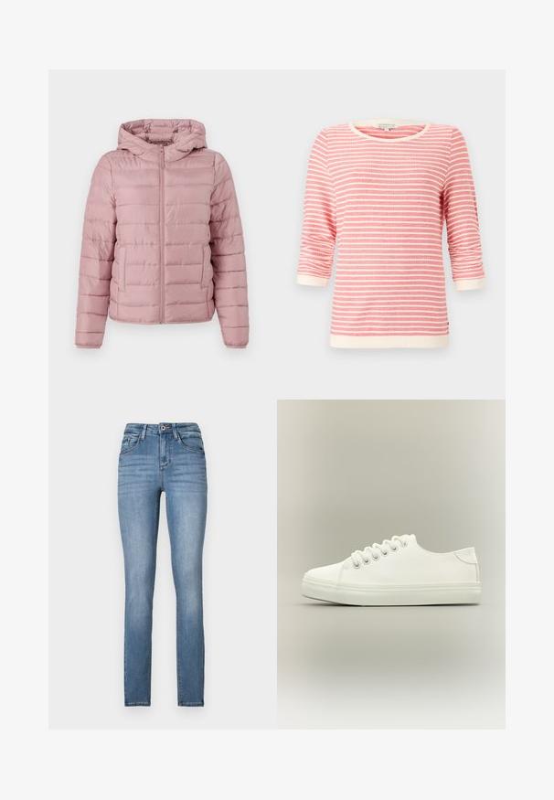 TOM TAILOR DENIM LIGHTWEIGHT PUFFER JACKET - Vinterjakker - bristly rose; Coralfarvet top med trekvartærmer og hvide vandrette striber. Har en ribbet halsudskæring og manchetter, blødt stof og en afslappet pasform.; Lyseblå denim skinny jeans med høj talje, fem lommer, diskret slidmærker og kontrasterende syninger.; Hvid lavtop sneaker med hvide snørebånd og gummisål vist fra siden på en neutral baggrund.