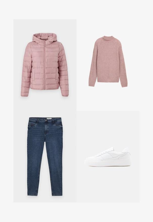 TOM TAILOR DENIM LIGHTWEIGHT PUFFER JACKET - Overgangsjakke - bristly rose; Ribbet striktrøje i blød lyserød, med høj hals og lange ærmer. Stoffet har en glat overflade med en subtil glans.; Mørkeblå denim jeans med slim fit, fem lomme-design og guld stikninger. Har en lynlås og knap lukning. Glat tekstur.; Hvid lavtop-sneaker med tyk sål, snørelukning og diskrete syningsdetaljer på en ensfarvet lys baggrund.