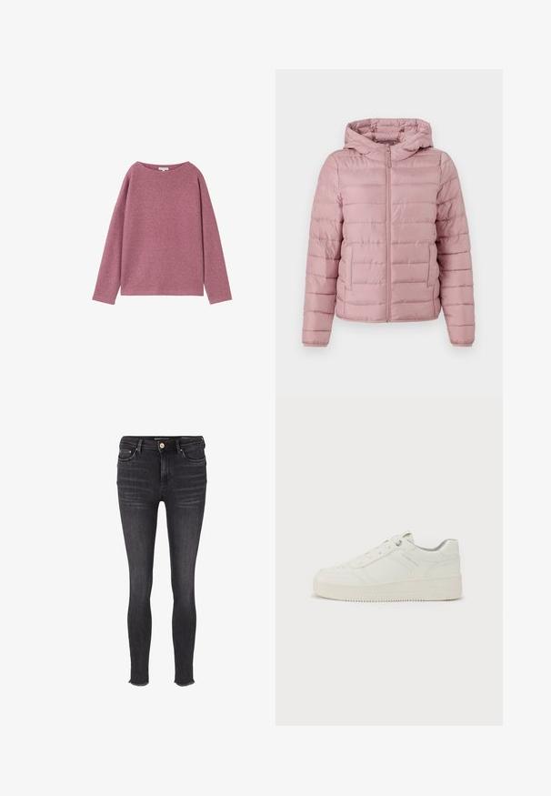 TOM TAILOR DENIM LIGHTWEIGHT PUFFER JACKET - Übergangsjacke - bristly rose; Langärmliger, lockerer Pullover aus einem weichen, rosa Strickmaterial. Rundhalsausschnitt und überschnittene Schultern, mit einer strukturierten Oberfläche.; Schwarze Skinny-Jeans mit hoher Taille, aus dehnbarem Denim, mit subtiler Ausbleichung und rohen Säumen. Klassisches Fünf-Taschen-Design.; Weißer Sneaker mit glattem Ledermantel, runder Zehenpartie, sechs Ösen, gepolstertem Kragen und strukturiertem Gummisohle. Dezentes Markenlogo an der Seite.